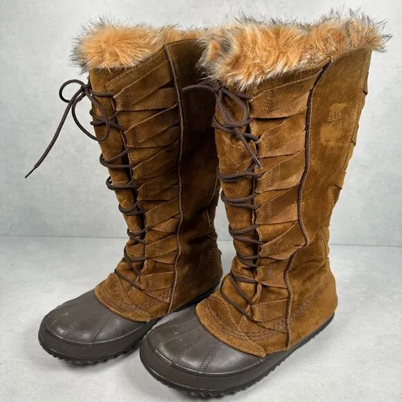 Sorel Boots Womens 7 Brown Cate of Alexandria 8 Faux Fur Waterproof Winter RARE