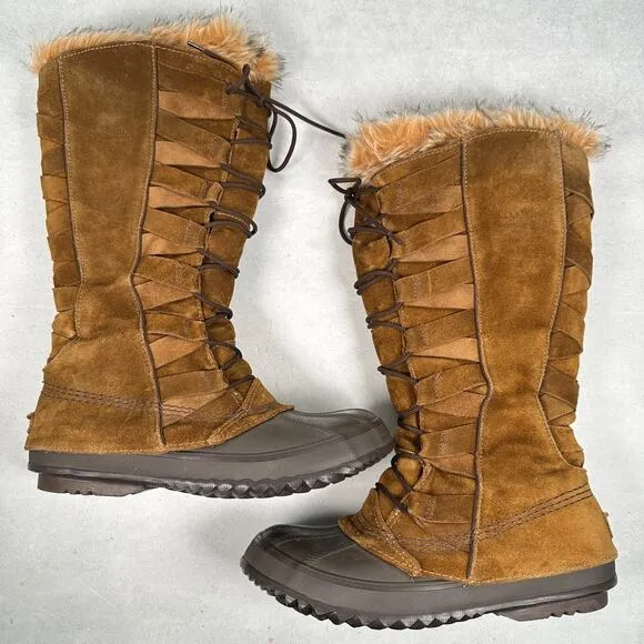 Sorel Boots Womens 7 Brown Cate of Alexandria 8 Faux Fur Waterproof Winter RARE