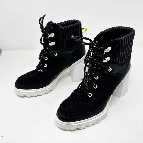 Sorel Brex Black Leather Winter Heeled Lug Sole Boots Size 9.5 Lace up