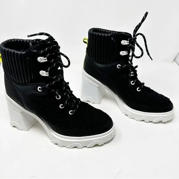 Sorel Brex Black Leather Winter Heeled Lug Sole Boots Size 9.5 Lace up