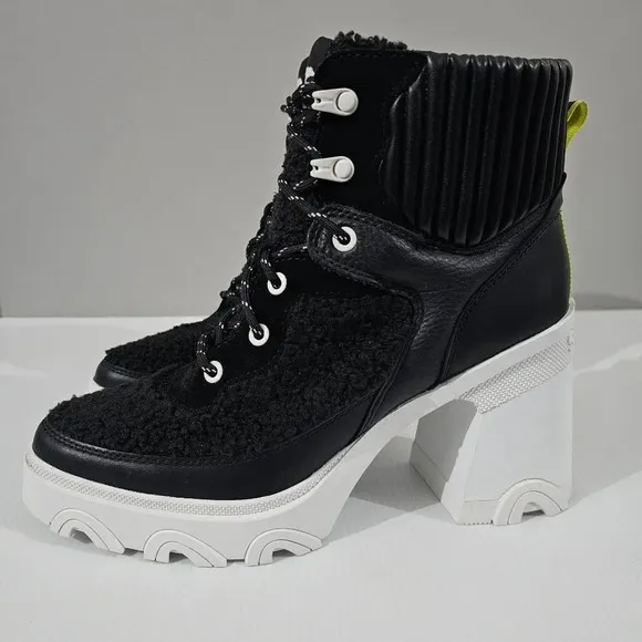 Sorel Brex Cozy Lace up Heel Boot Waterproof Shoe Black Sea Salt White Size 10