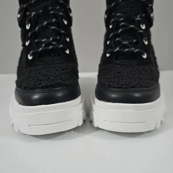 Sorel Brex Cozy Lace up Heel Boot Waterproof Shoe Black Sea Salt White Size 10