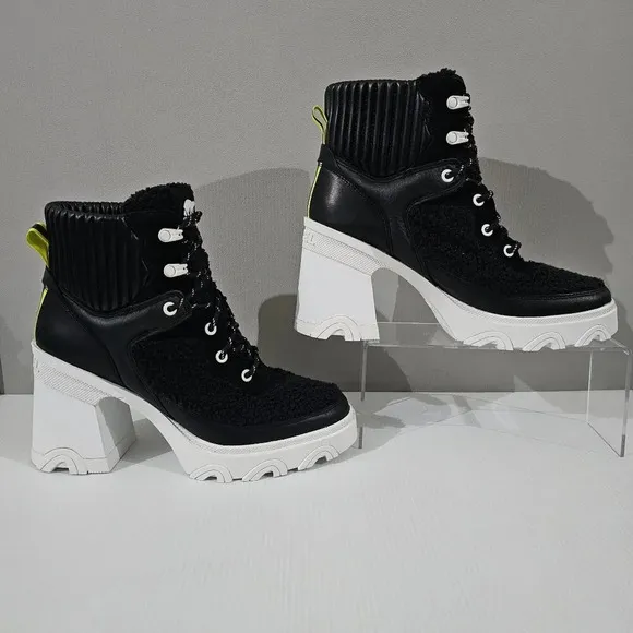Sorel Brex Cozy Lace up Heel Boot Waterproof Shoe Black Sea Salt White Size 10