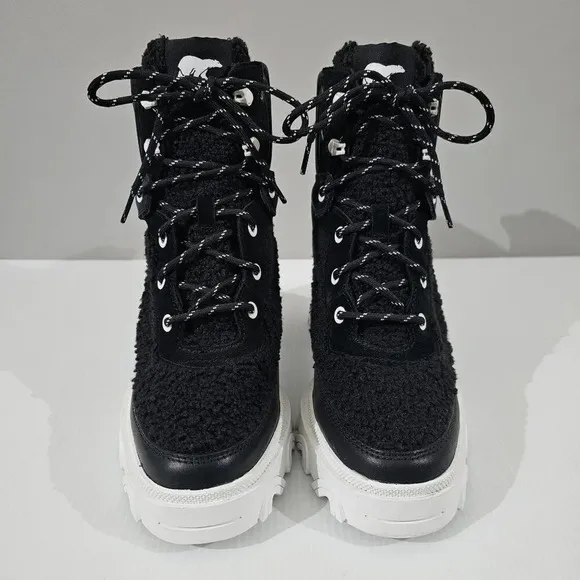 Sorel Brex Cozy Lace up Heel Boot Waterproof Shoe Black Sea Salt White Size 10
