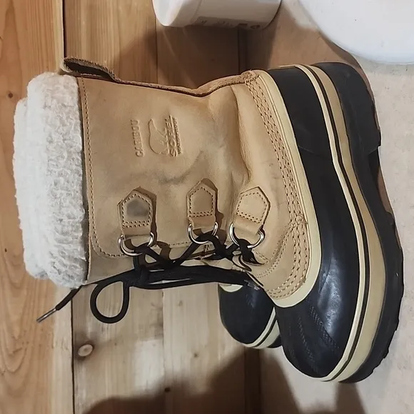 Sorel Caribou Tan Brown Leather Waterproof Insulated Snow Boots Winter Size 2