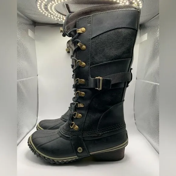Sorel Conquest Carly Black Leather Winter Boots Style NL2033-010 Womens Size 7‎