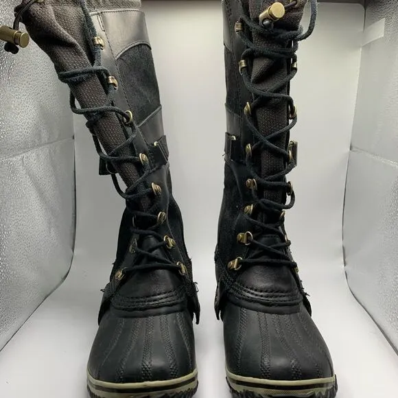 Sorel Conquest Carly Black Leather Winter Boots Style NL2033-010 Womens Size 7‎