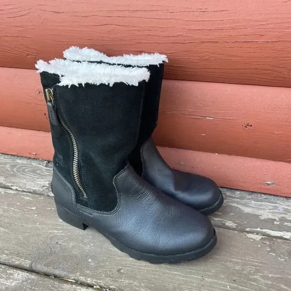 SOREL Emelie Fold Over Women's Size 5 Black Leather Sherpa Boots NY1941-240