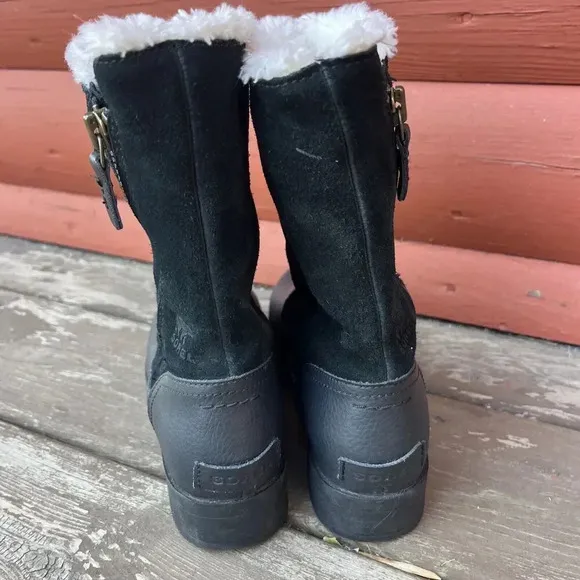 SOREL Emelie Fold Over Women's Size 5 Black Leather Sherpa Boots NY1941-240
