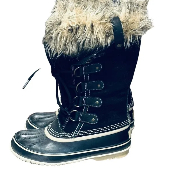 SOREL Joan Of Arctic Black Quarry Winter Boots Faux Fur Trim