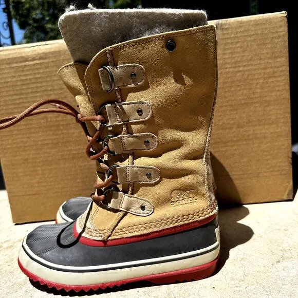 Sorel Joan of Arctic Leather Fur Snow Boots Waterproof Lace Up Mid Calf Brown 7