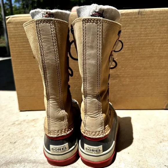 Sorel Joan of Arctic Leather Fur Snow Boots Waterproof Lace Up Mid Calf Brown 7