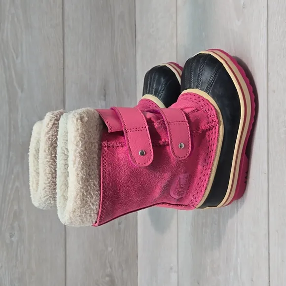Sorel Kids Girl Pink Pac Strap Leather Duck Shoes Winter Boots Sz 9