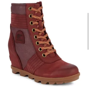 Sorel PDX Lace up Wedge Lexie Wedge Maroon Brown Leather Canvas