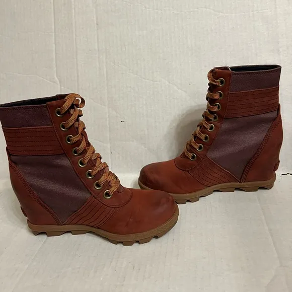 Sorel PDX Lace up Wedge Lexie Wedge Maroon Brown Leather Canvas