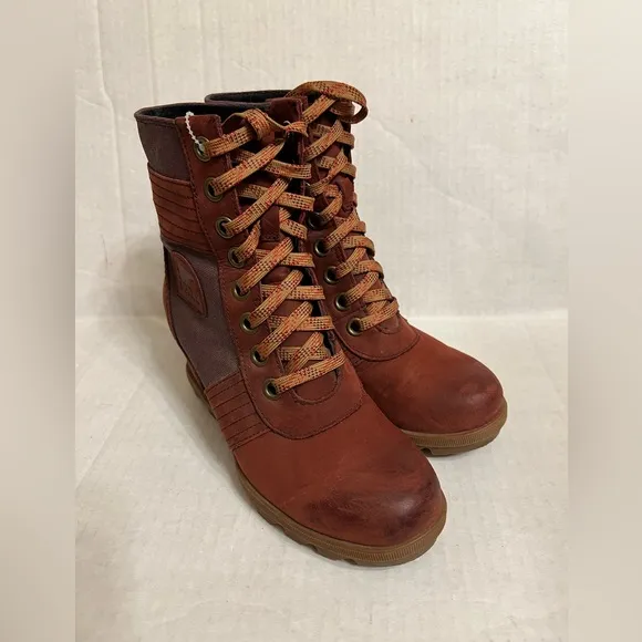 Sorel PDX Lace up Wedge Lexie Wedge Maroon Brown Leather Canvas