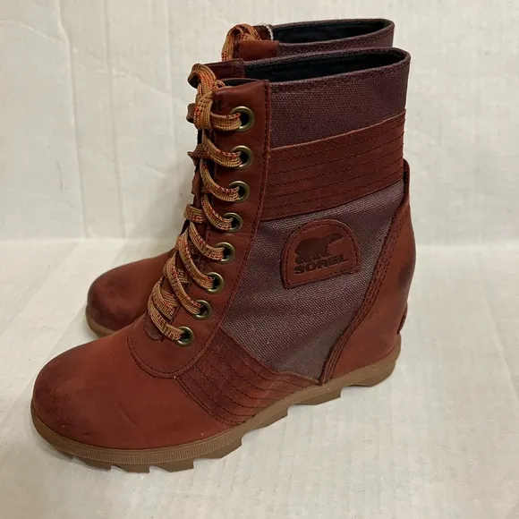 Sorel PDX Lace up Wedge Lexie Wedge Maroon Brown Leather Canvas