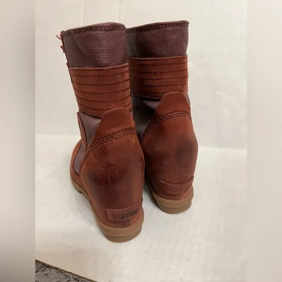Sorel PDX Lace up Wedge Lexie Wedge Maroon Brown Leather Canvas