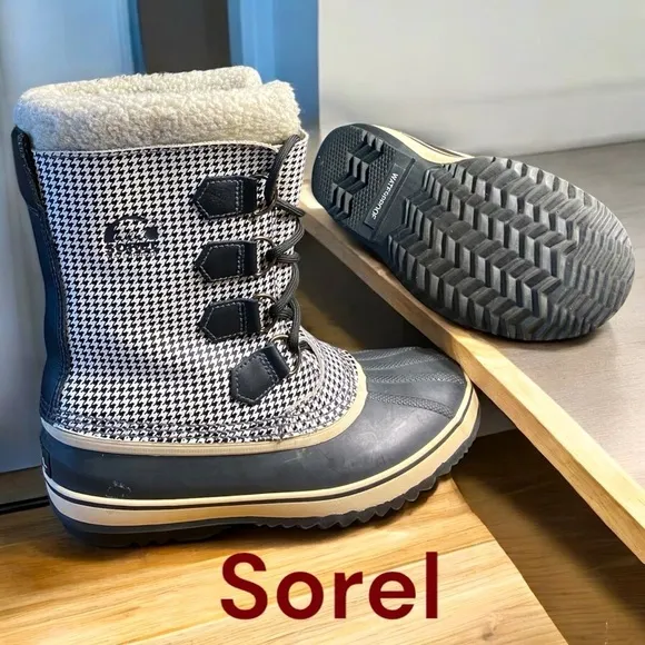Sorel-Size 8 waterproof “Tivoli” houndstooth sherpa lined boots. 12” tall. GUC!