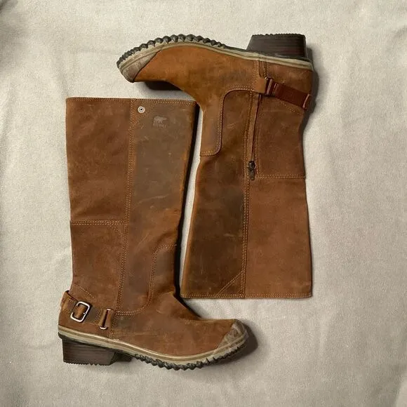 Sorel Slim Boots Womens 11 Winter Knee High Pull On NL2108260 BrownLeather Heels