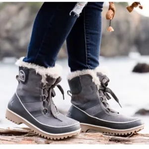 SOREL Tivoli II Suede Leather Boots Faux Fur Lined Lace Up Winter Boots, Gray