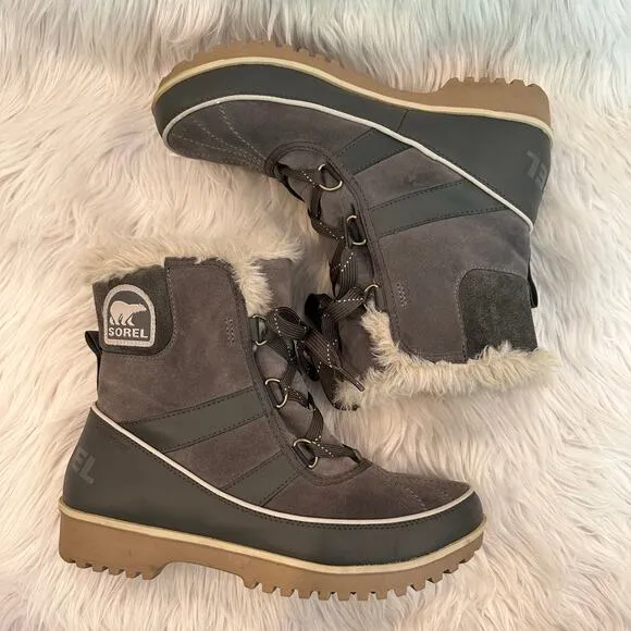 SOREL Tivoli II Suede Leather Boots Faux Fur Lined Lace Up Winter Boots, Gray