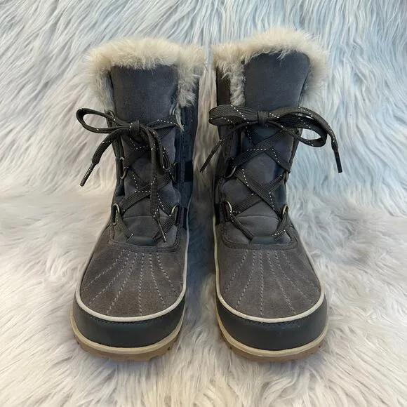 SOREL Tivoli II Suede Leather Boots Faux Fur Lined Lace Up Winter Boots, Gray
