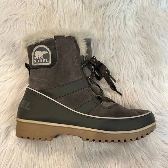 SOREL Tivoli II Suede Leather Boots Faux Fur Lined Lace Up Winter Boots, Gray