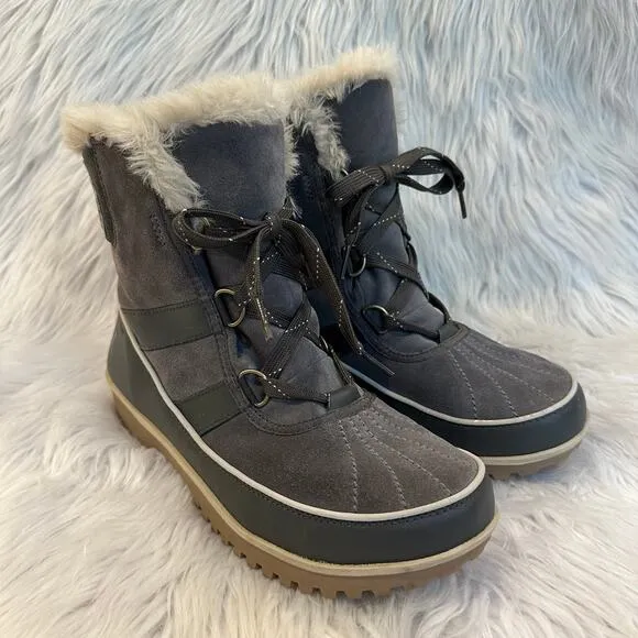 SOREL Tivoli II Suede Leather Boots Faux Fur Lined Lace Up Winter Boots, Gray