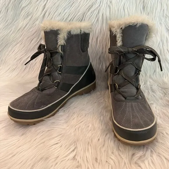 SOREL Tivoli II Suede Leather Boots Faux Fur Lined Lace Up Winter Boots, Gray