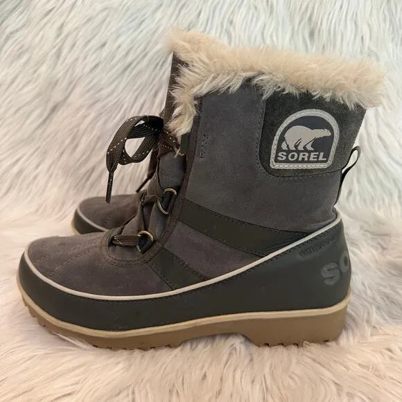 SOREL Tivoli II Suede Leather Boots Faux Fur Lined Lace Up Winter Boots, Gray