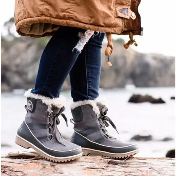 SOREL Tivoli II Suede Leather Boots Faux Fur Lined Lace Up Winter Boots, Gray