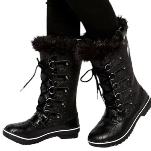 Sorel Tofino Glitter Black Lace Up Fur Trim Winter Snow Waterproof Boots