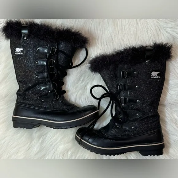 Sorel Tofino Glitter Black Lace Up Fur Trim Winter Snow Waterproof Boots