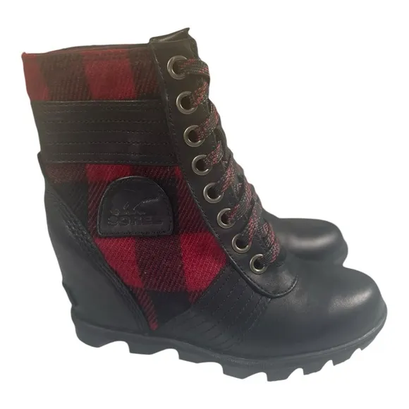 Sorel Women’s Lexie Leather Plaid Wedge Lace Up Boots