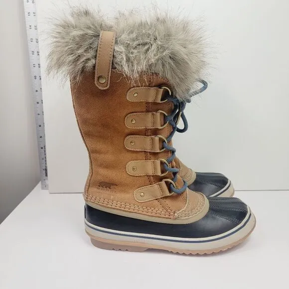 Sorel Womens Midcalf Faux Fur Winter Snow Boots Size 7.5 Tan Blue
