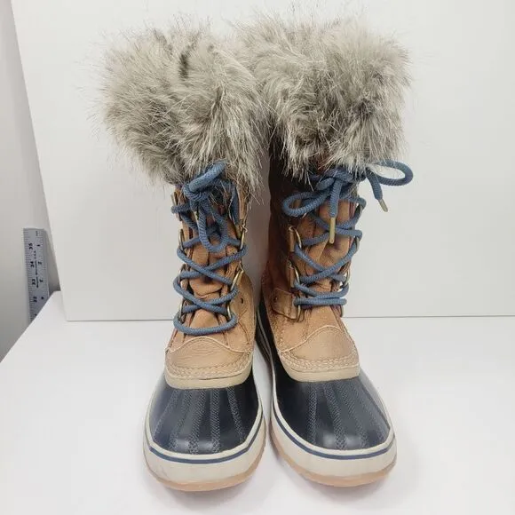 Sorel Womens Midcalf Faux Fur Winter Snow Boots Size 7.5 Tan Blue
