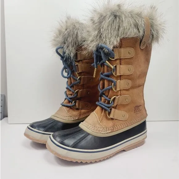 Sorel Womens Midcalf Faux Fur Winter Snow Boots Size 7.5 Tan Blue