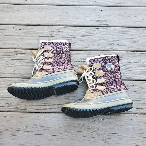 Sorel 1964 Pac Purple Floral Laurel Leather Sherpa Pile Winter Snow Duck Boots 8