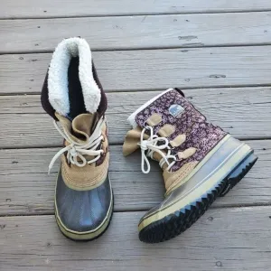 Sorel 1964 Pac Purple Floral Laurel Leather Sherpa Pile Winter Snow Duck Boots 8