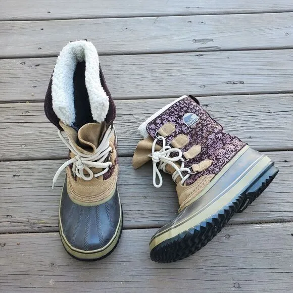 Sorel 1964 Pac Purple Floral Laurel Leather Sherpa Pile Winter Snow Duck Boots 8