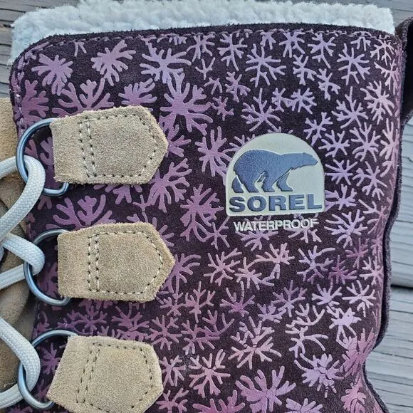 Sorel 1964 Pac Purple Floral Laurel Leather Sherpa Pile Winter Snow Duck Boots 8