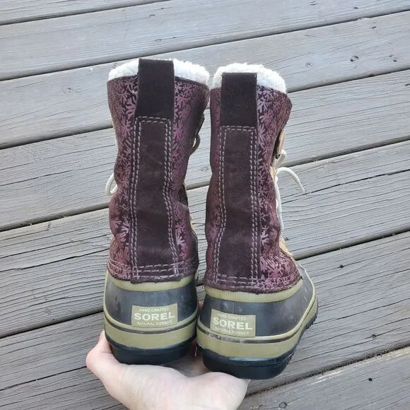 Sorel 1964 Pac Purple Floral Laurel Leather Sherpa Pile Winter Snow Duck Boots 8