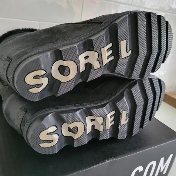 Sorel Joan Of Arctic Wedge Cozy Boots Black Gray Suede Waterproof Size 11