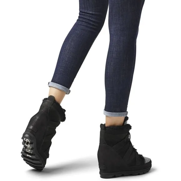 Sorel Joan Of Arctic Wedge Cozy Boots Black Gray Suede Waterproof Size 11