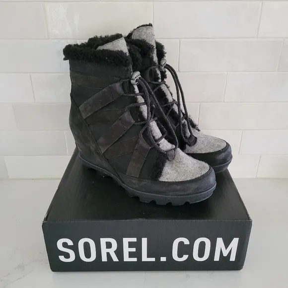 Sorel Joan Of Arctic Wedge Cozy Boots Black Gray Suede Waterproof Size 11