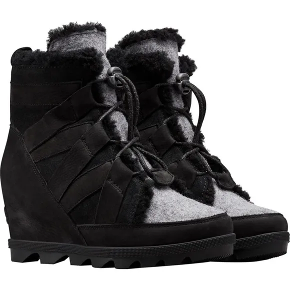 Sorel Joan Of Arctic Wedge Cozy Boots Black Gray Suede Waterproof Size 11