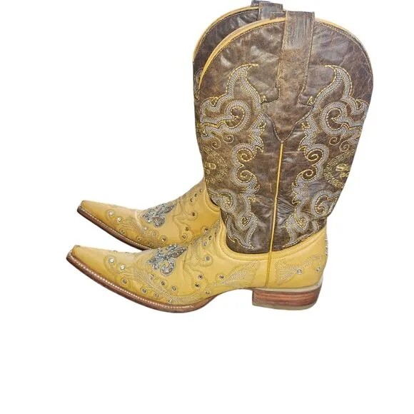 Soto Pointed Toe Boots Mens Size 8 Yellow Leather Made In Mexico Embroidered
