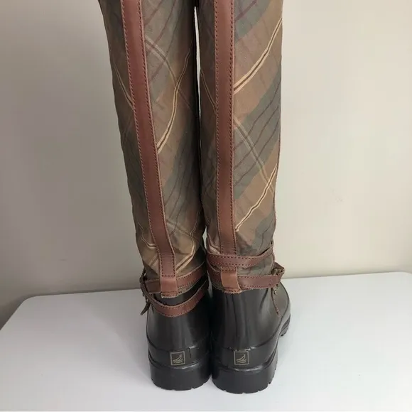 Sperry Top- Sider Women's Brown Plaid Rubber Knee High Riding Rain Boots 7