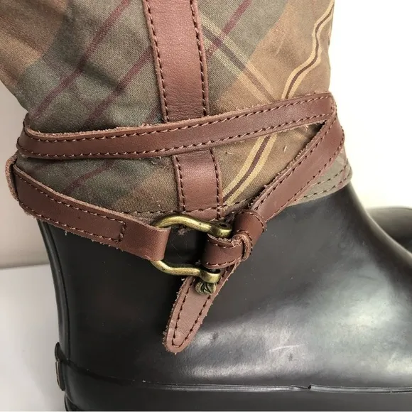 Sperry Top- Sider Women's Brown Plaid Rubber Knee High Riding Rain Boots 7